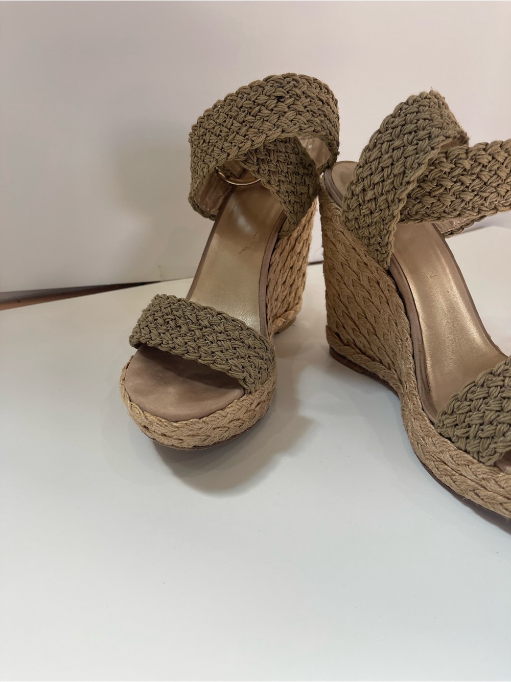 Stuart Weitzman Taupe Braided Espadrille Wedge Sandals